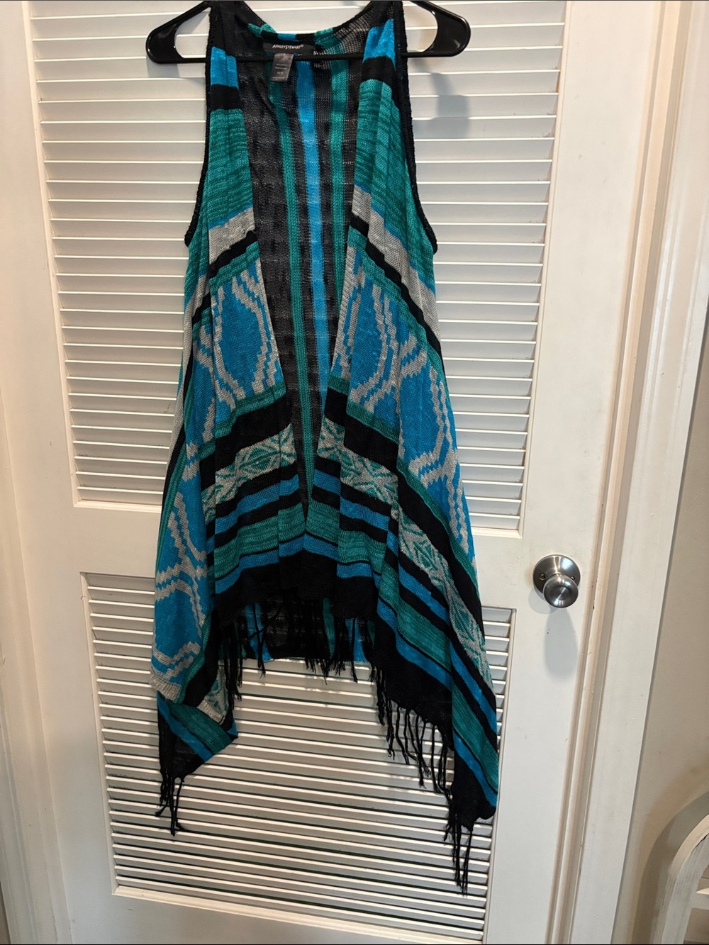 Ashley Stewart Teal & Black Fringe Shawl Cardigan